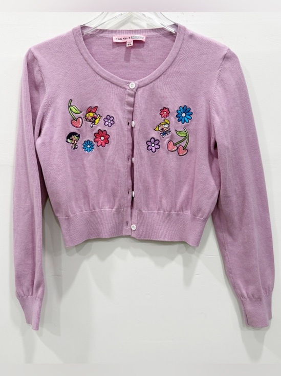 Dolls Kill Sweaters - Dolls Kill x Powerpuff Girls Cherry Daisy Knitted Cardigan Purple XL